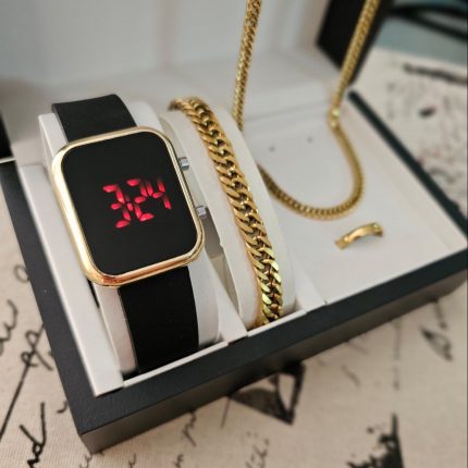 پک ست کادویی زنانه ساعت LED دستبند استیل و حلقه