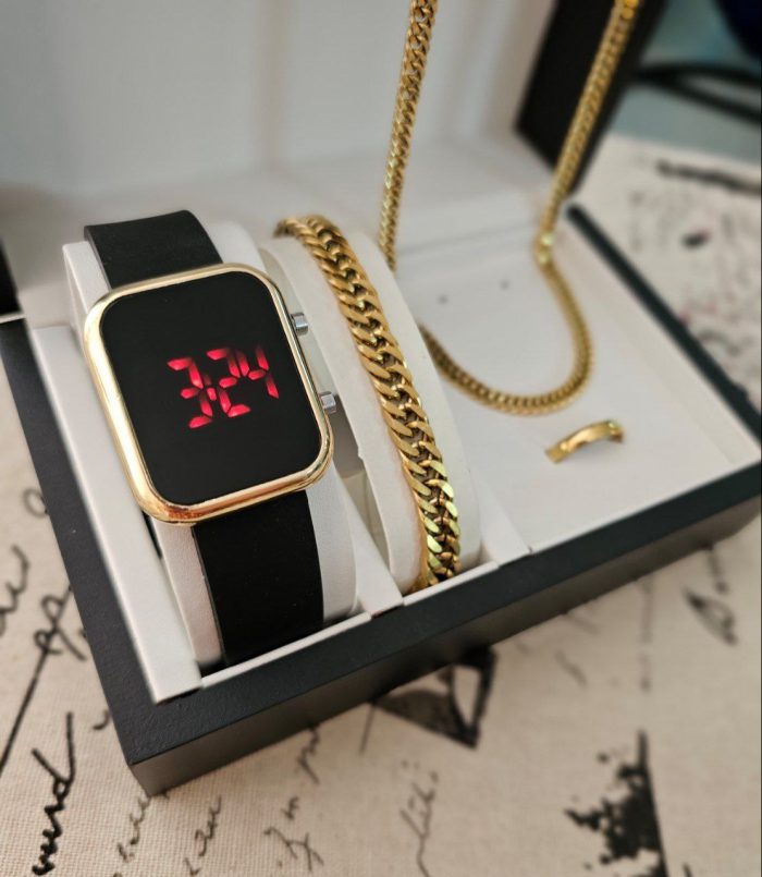 پک ست کادویی زنانه ساعت LED دستبند استیل و حلقه